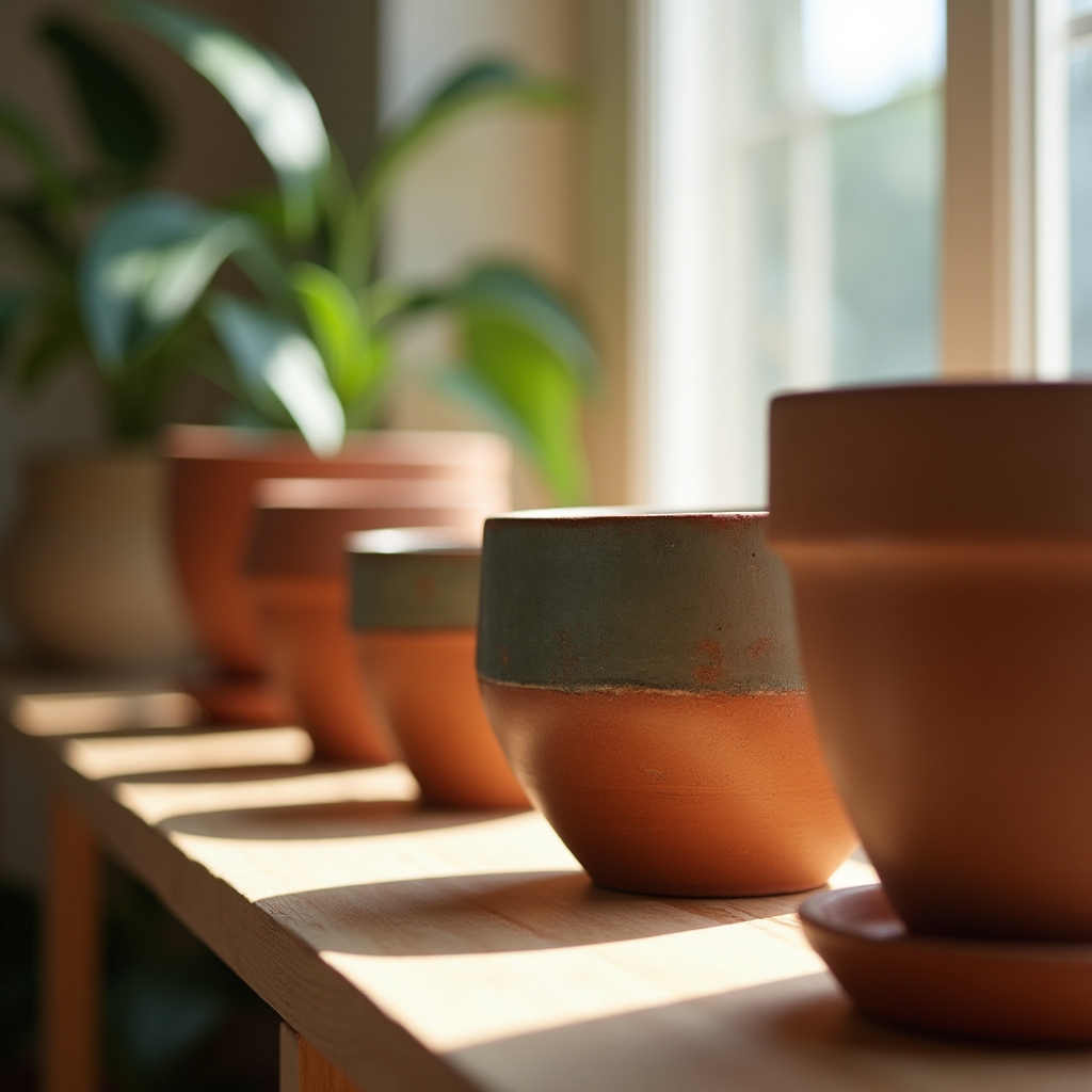 Regal mit verschiedenen Pflanzgefäßen im Showroom