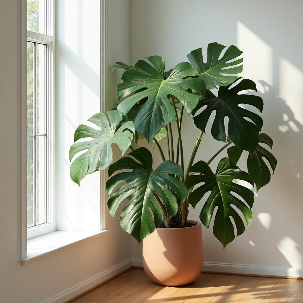 Große Monstera in einer sonnigen Raumecke