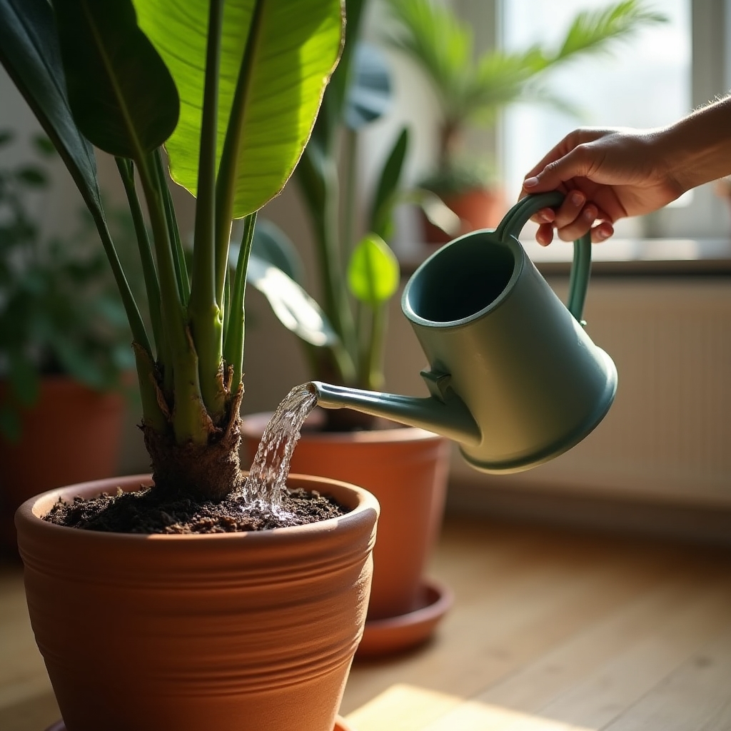 Gießkanne neben einer großen Zimmerpflanze
