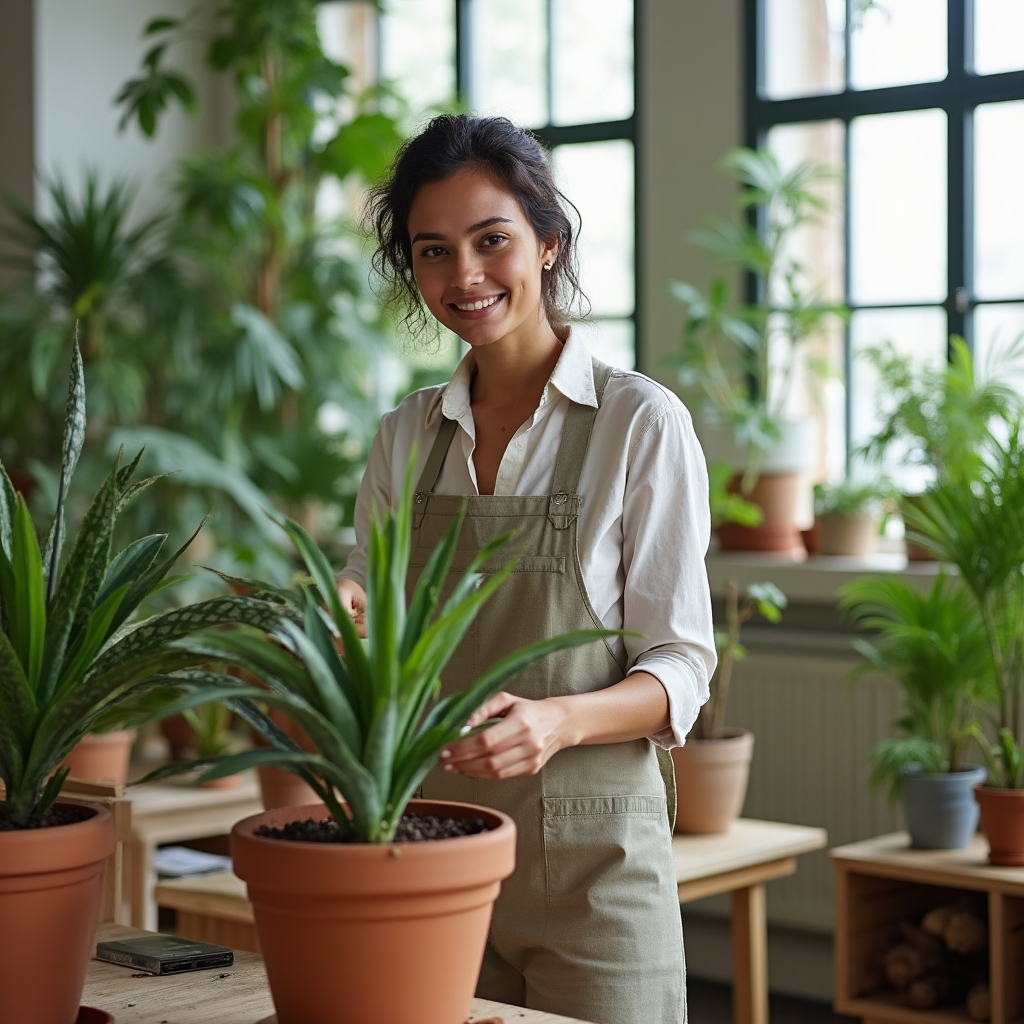 Große Pflanzen werden im Showroom für den Verkauf vorbereitet